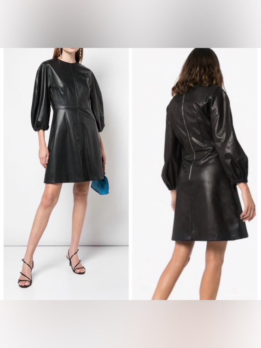 Tibi Black Faux Leather Mini Dress with Puff Sleeves